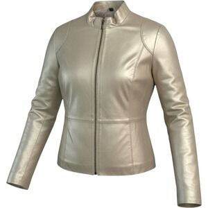 Raffaelo Leather Jacket Womens Large Gold Excellent Metallic Mock Neck Zip Up